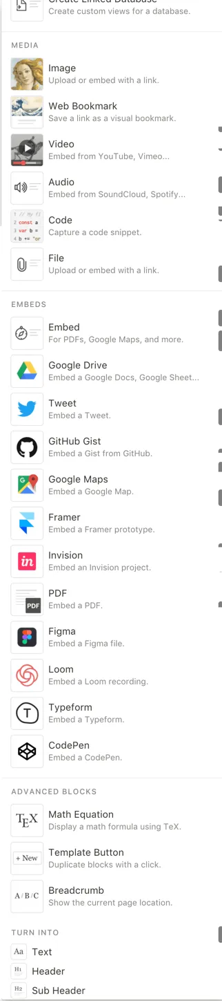 Notion 中可以嵌入的类型